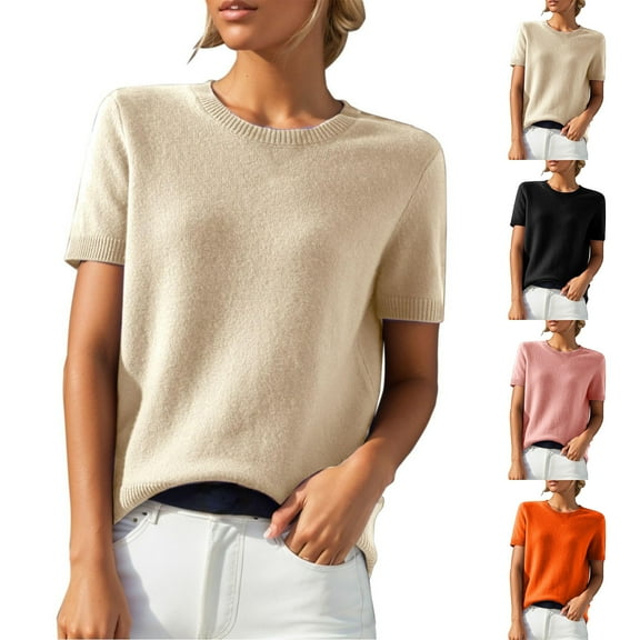 Womens Short Sleeve Sweaters Crew Neck Knit Sweater Shirts Business Casual Work Blouses Tops Summer Loose Outfits