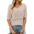 thumbnail image 1 of Womens Short Sleeve Sweaters Summer Round Neck Pullover Sweater Crochet Tops Oatmeal Color L, 1 of 7