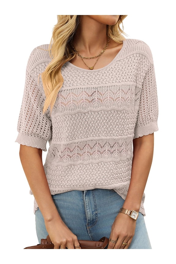 Womens Short Sleeve Sweaters Summer Round Neck Pullover Sweater Crochet Tops Oatmeal Color M