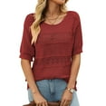thumbnail image 1 of Womens Short Sleeve Sweaters Summer Round Neck Pullover Sweater Crochet Tops Red L, 1 of 7