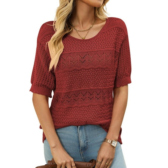 Womens Short Sleeve Sweaters Summer Round Neck Pullover Sweater Crochet Tops Red L