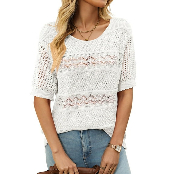 Womens Short Sleeve Sweaters Summer Round Neck Pullover Sweater Crochet Tops White M