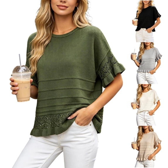Womens Short Sleeve Sweaters Tops Summer Casual Ruffled Hem Knit Pullover Cute Solid Color Crochet Blouses White