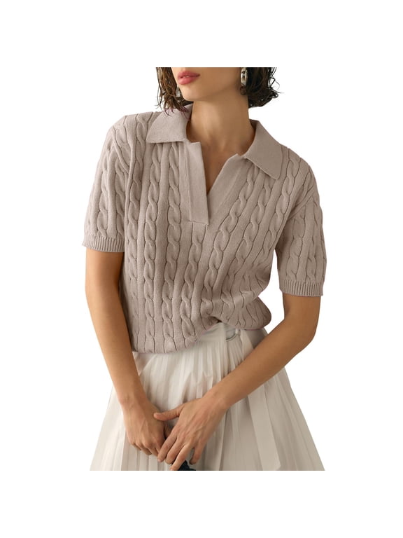 Womens Short Sleeve Sweaters Tops V Neck Lapel Cable Knit Sweater Casual Summer Pullover Shirt