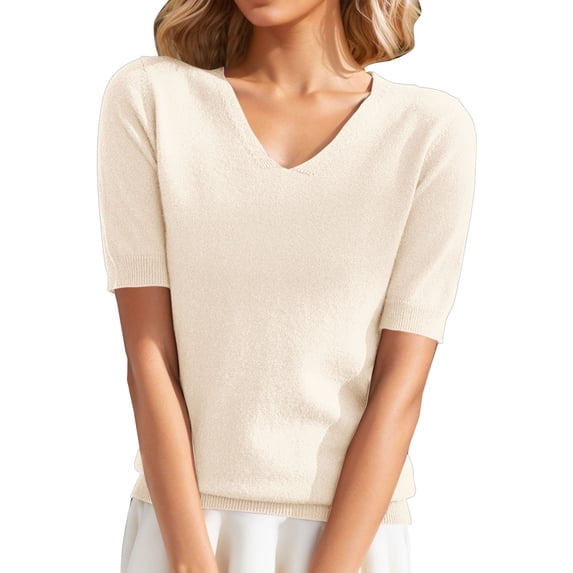 Womens Short Sleeve Sweaters V Neck Plain Relaxed Fit Tops Comfy Relaxed Fit Sweater Tops Short Sleeve Knit Blouse Summer Casual Pullover Trendy Knit Short Sleeve Sweater Base Sweater Beige Xl