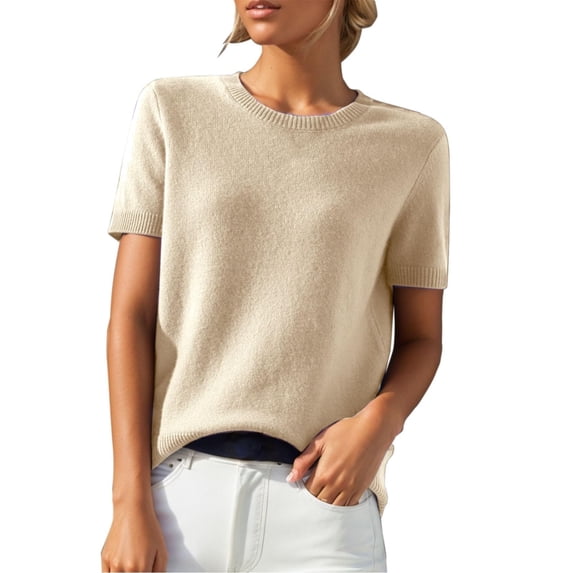 Tianiyouqing Lightweights Sweaters for Women 2024 Casual Crew Neck Loose Fit Short Sleeve Sweater Lightweights Blend Trendy 2024 Beige XXL