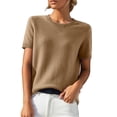 thumbnail image 1 of Women's Short Sleeve Sweaters Crew Neck Solid Color Pullover Sweater Lightweight Soft Knitted T-Shirt Tops Camel L, 1 of 7