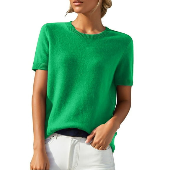 Merino Wool Short Sleeve Crewneck Sweater Top 100% Merino Wool Crew Neck Pullover Tee for Women Green S