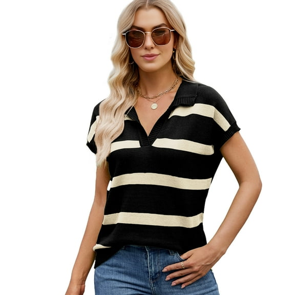Womens Short Sleeve Sweatshirt Summer V Neck Tops Casual Striped - Shirts Loose Fit Blouses Black S