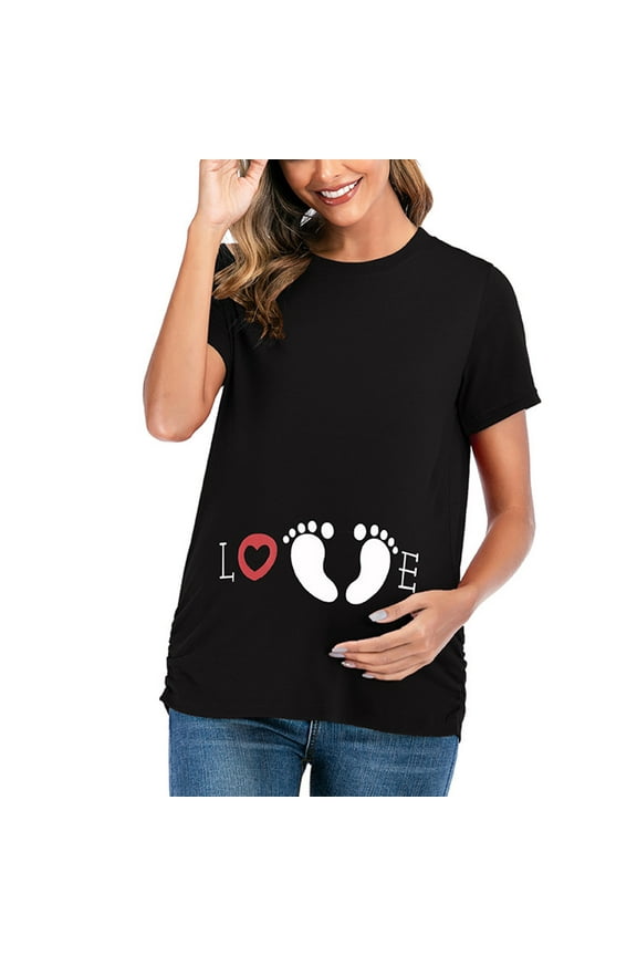 Womens Short Sleeve T Shirt Maternity Crew Neck Cute Funny Graphic Ruched Sides Tops Pregnancy Tunic Blouse Breastfeeding Clothes for Women Black S