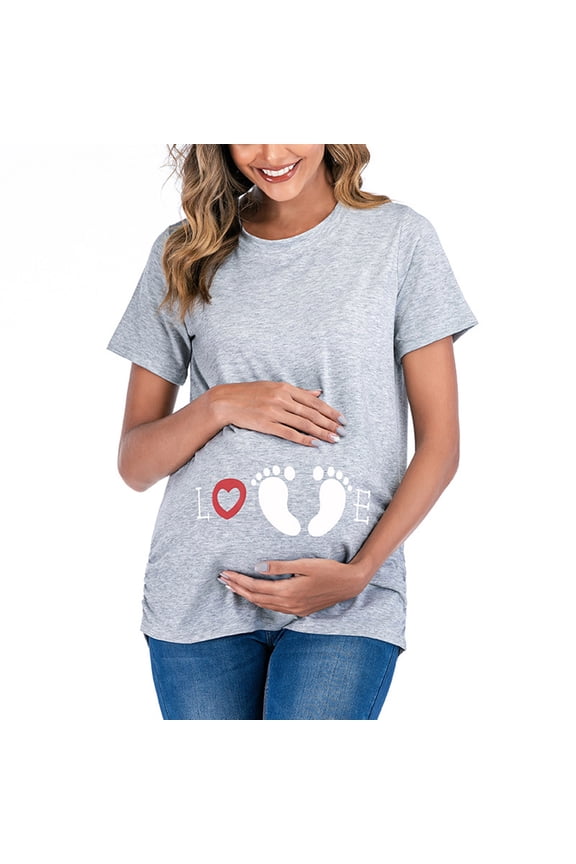 Womens Short Sleeve T Shirt Maternity Crew Neck Cute Funny Graphic Ruched Sides Tops Pregnancy Tunic Blouse Breastfeeding Clothes for Women Gray L