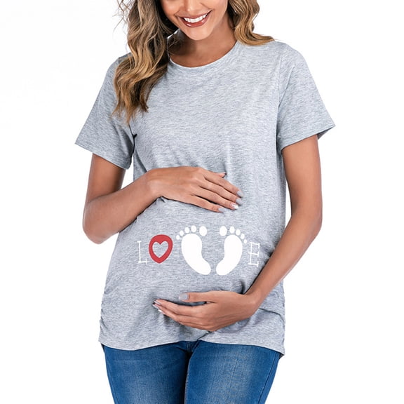 Womens Short Sleeve T Shirt Maternity Crew Neck Cute Funny Graphic Ruched Sides Tops Pregnancy Tunic Blouse Breastfeeding Clothes for Women Gray M