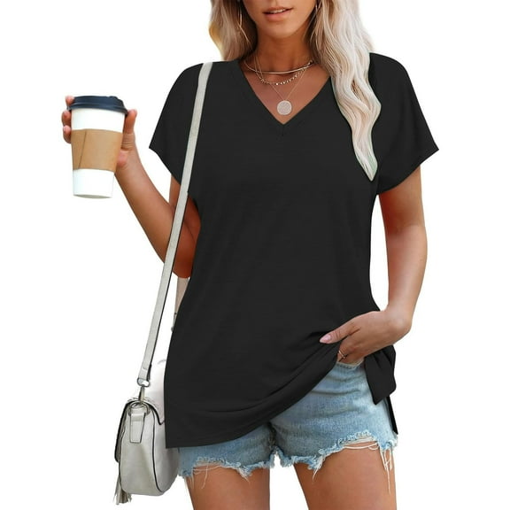 Womens Short Sleeve T Shirt Summer Loose Fit Tees Round Neck Causal Crop Tops Black XXL