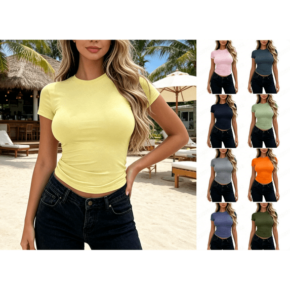 Womens Short Sleeve T Shirts - Buttery Soft Summer Crop Tops Slim Fit Y2k Basic Tees for Workout Yellow
