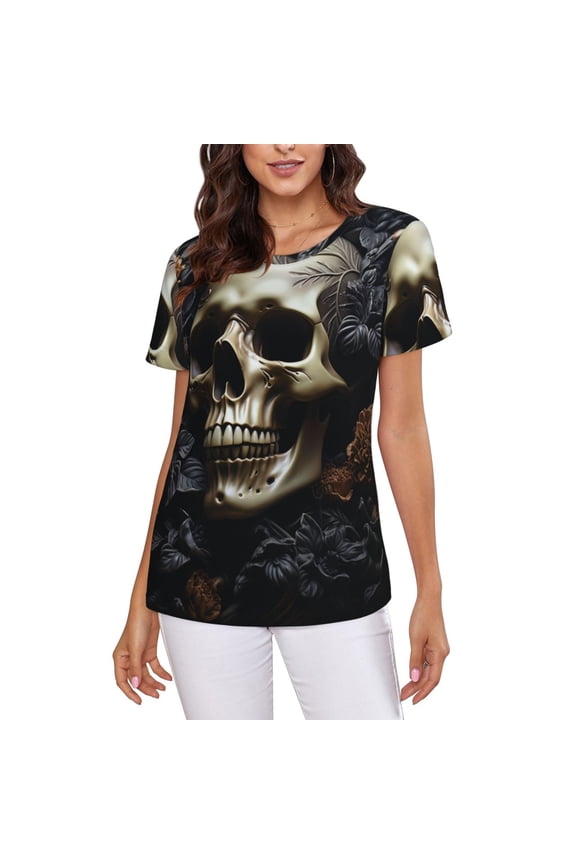 Womens Short Sleeve T Shirts Casual Crew Neck Tops Tees, Death Skull Gothic Art Black