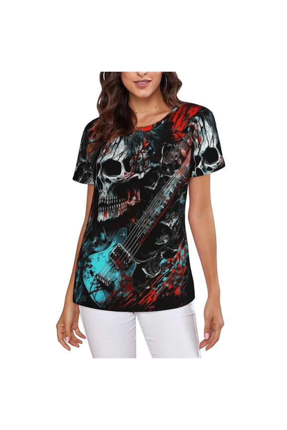 Womens Short Sleeve T Shirts Casual Crew Neck Tops Tees, Death Skull Rock Heavy Metal Music