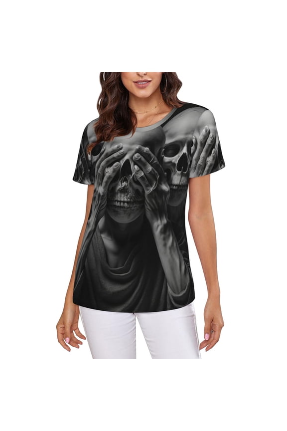 Womens Short Sleeve T Shirts Casual Crew Neck Tops Tees, Death Skulls Gothic Skull