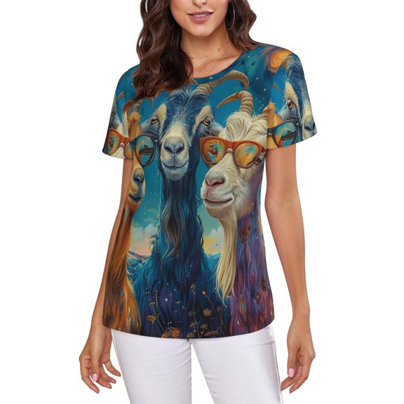 Womens Short Sleeve T Shirts Casual Crew Neck Tops Tees, Funny Goat Family Psychedelic Art
