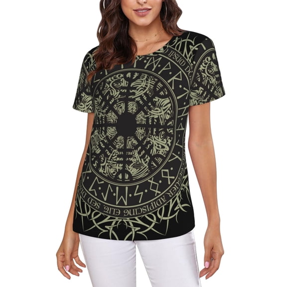 Womens Short Sleeve T Shirts Casual Crew Neck Tops Tees, Runic Scandinavian Circle