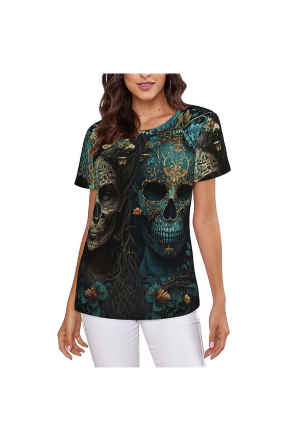 Womens Short Sleeve T Shirts Casual Crew Neck Tops Tees, Skulls Gothic Day Of The Dead Skull Lovers