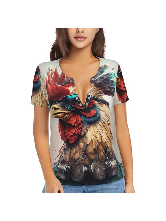 Womens Short Sleeve T Shirts Casual V Neck Tops Blouse Tee, Cool Rooster Watercolor