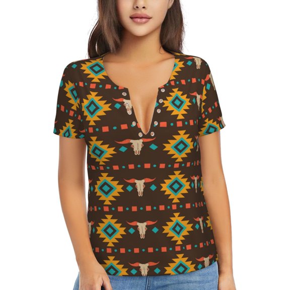 Womens Short Sleeve T Shirts Casual V Neck Tops Blouse Tee, Cowboy Western Native
