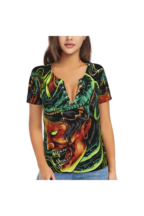 Womens Short Sleeve T Shirts Casual V Neck Tops Blouse Tee, Devil Snake Demon Japanese
