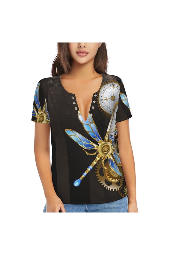 Womens Short Sleeve T Shirts Casual V Neck Tops Blouse Tee, Dials With Dragonfly Steampunk Gold Clock