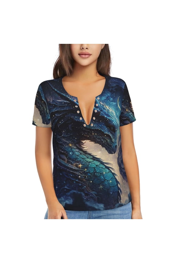 Womens Short Sleeve T Shirts Casual V Neck Tops Blouse Tee, Dragon Cool Starry Sky Moon
