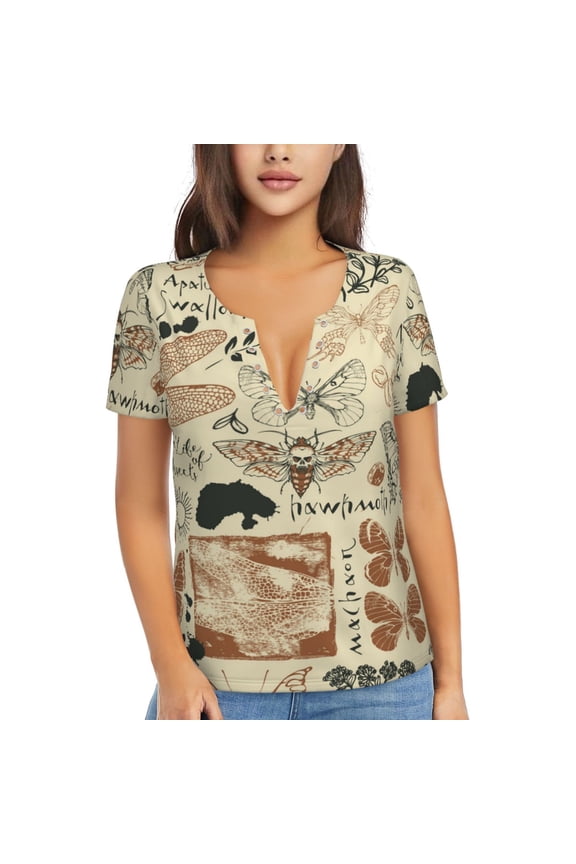 Womens Short Sleeve T Shirts Casual V Neck Tops Blouse Tee, Dragonfly Moth Vintage Butterfly