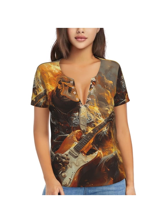 Womens Short Sleeve T Shirts Casual V Neck Tops Blouse Tee, Heavy Metal Rock Music Fire Skull Flame