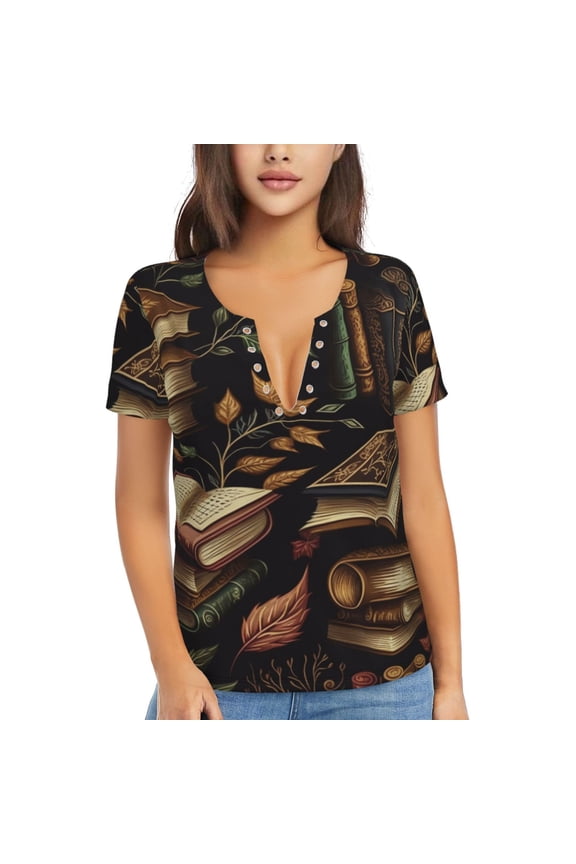 Womens Short Sleeve T Shirts Casual V Neck Tops Blouse Tee, Library Books Magic Book