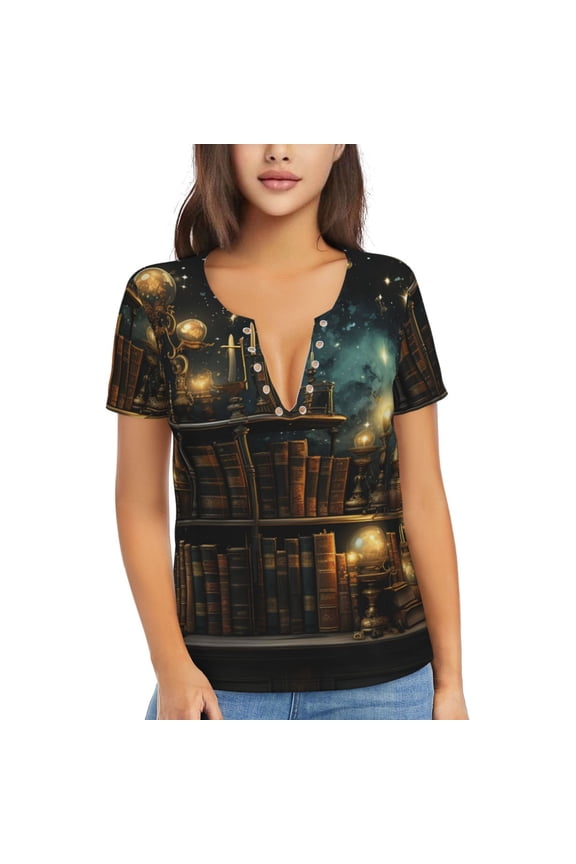 Womens Short Sleeve T Shirts Casual V Neck Tops Blouse Tee, Library Books Magic Vintage Starry