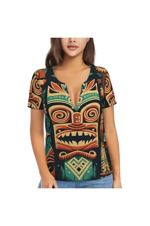 Womens Short Sleeve T Shirts Casual V Neck Tops Blouse Tee, Retro Tiki Hawaiian Vintage