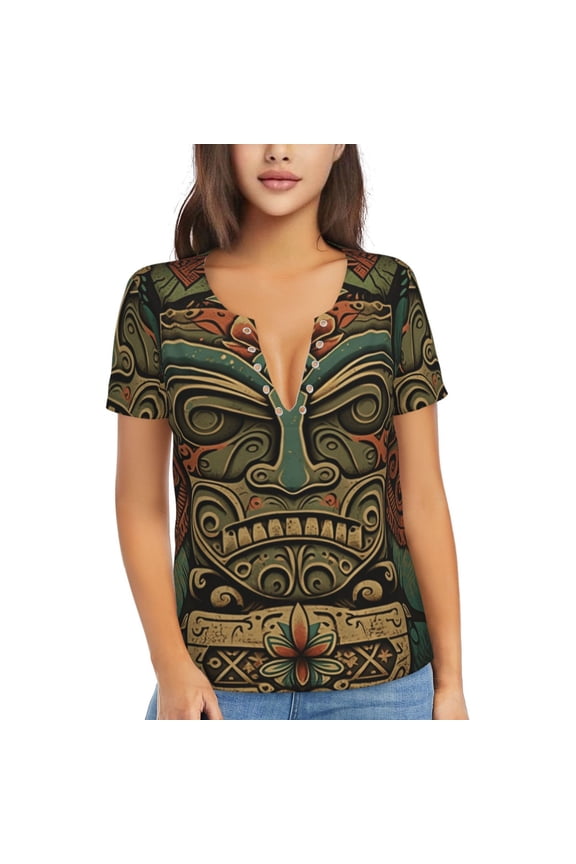 Womens Short Sleeve T Shirts Casual V Neck Tops Blouse Tee, Retro Tiki Tribal Hawaiian Vintage