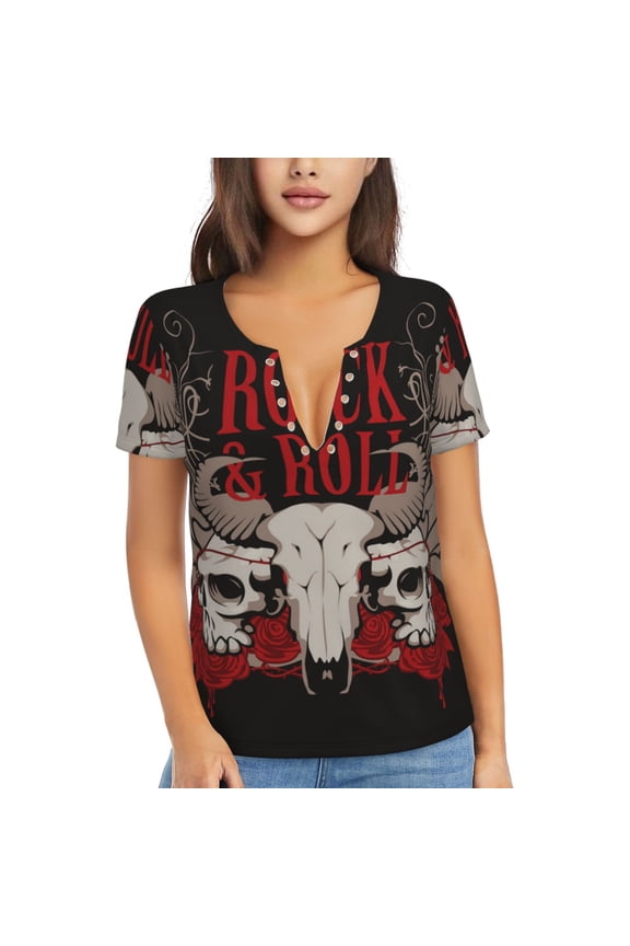 Womens Short Sleeve T Shirts Casual V Neck Tops Blouse Tee, Rock And Roll Guitar Skull Roses