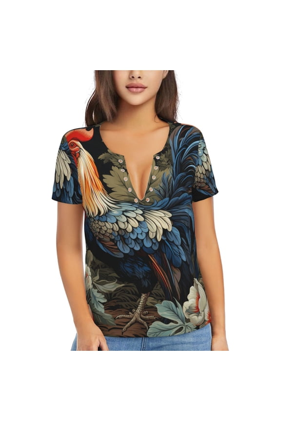 Womens Short Sleeve T Shirts Casual V Neck Tops Blouse Tee, Rooster Vintage Black