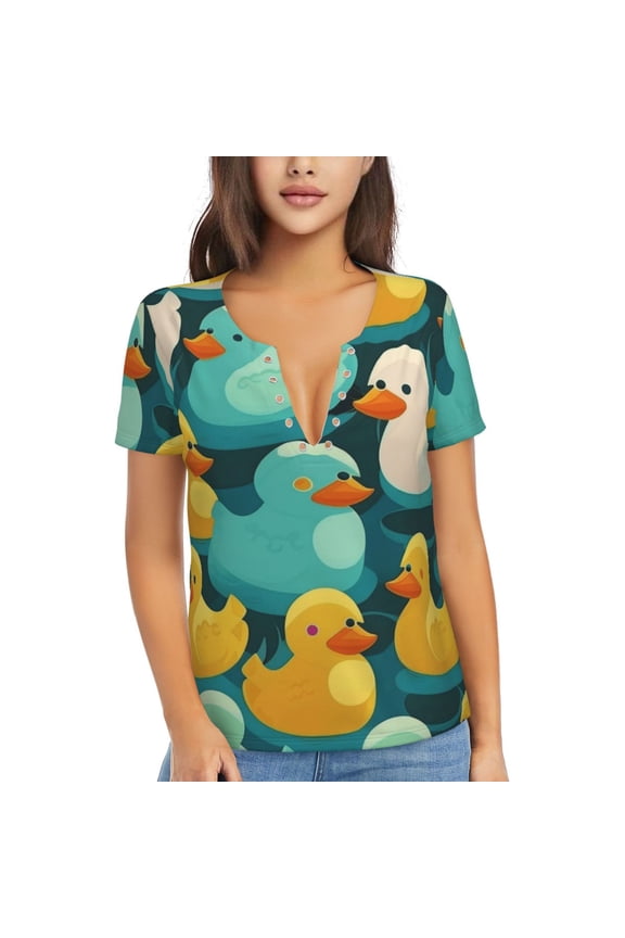 Womens Short Sleeve T Shirts Casual V Neck Tops Blouse Tee, Rubber Duck Colorful Cartoon