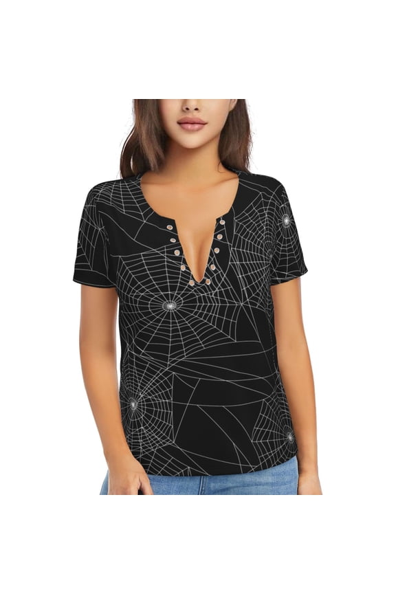 Womens Short Sleeve T Shirts Casual V Neck Tops Blouse Tee, Spider Web Silhouette Halloween