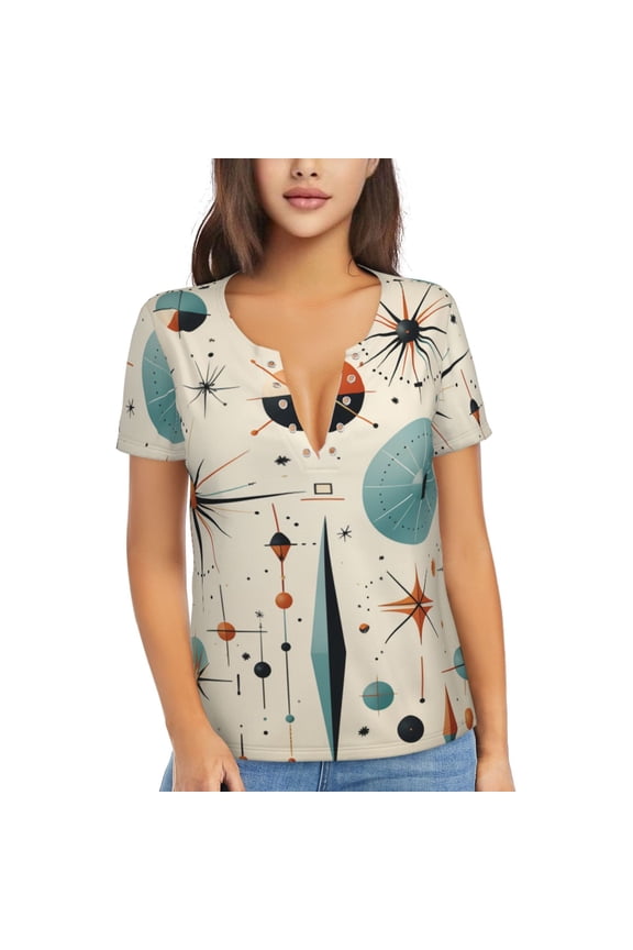 Womens Short Sleeve T Shirts Casual V Neck Tops Blouse Tee, Star Retro Mid Century Vintage Atomic Art