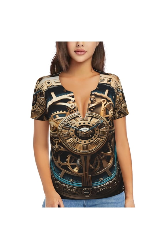 Womens Short Sleeve T Shirts Casual V Neck Tops Blouse Tee, Steampunk Clockwork Wheels Art