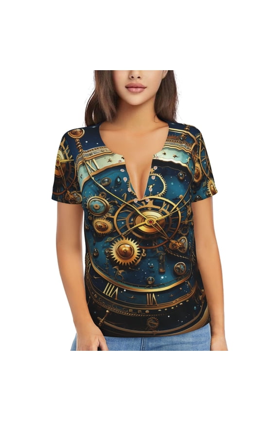 Womens Short Sleeve T Shirts Casual V Neck Tops Blouse Tee, Steampunk Clockwork Wheels Starry
