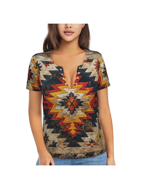 Womens Short Sleeve T Shirts Casual V Neck Tops Blouse Tee, Vintage Ethnic Aztec Native Southwest American