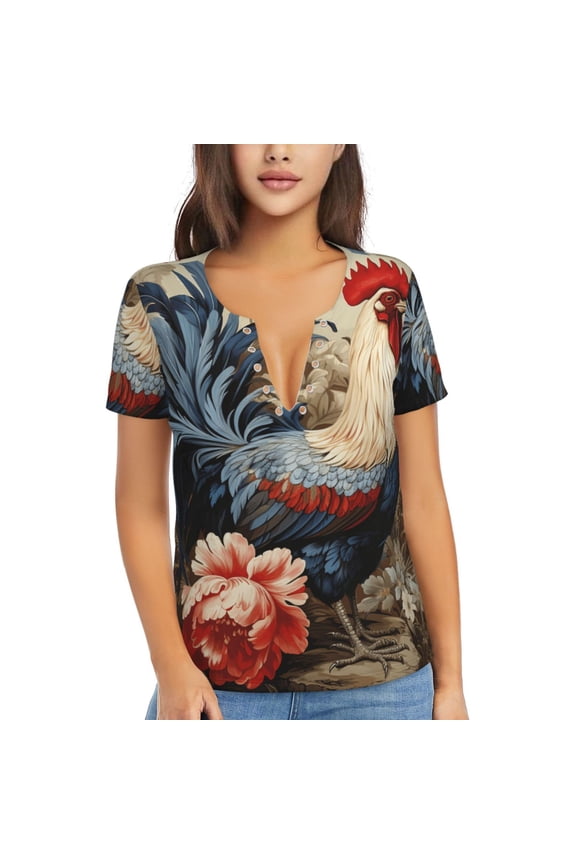 Womens Short Sleeve T Shirts Casual V Neck Tops Blouse Tee, Vintage Rooster Cool