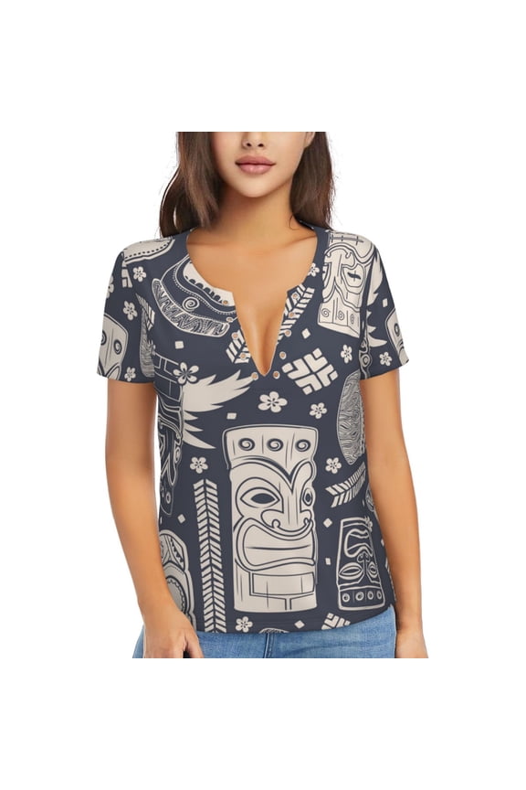 Womens Short Sleeve T Shirts Casual V Neck Tops Blouse Tee, Vintage Tiki Vintage Hawaii