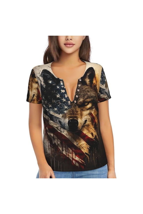 Womens Short Sleeve T Shirts Casual V Neck Tops Blouse Tee, Wolf American USA Flag