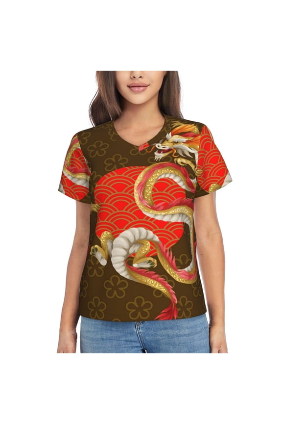 Womens Short Sleeve T Shirts Casual V Neck Tops Tee, Asian Dragon Oriental Dragons