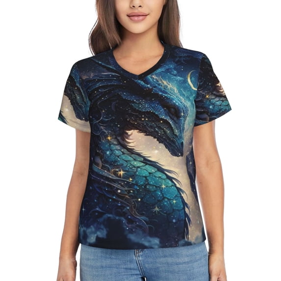 Womens Short Sleeve T Shirts Casual V Neck Tops Tee, Dragon Cool Starry Sky Moon