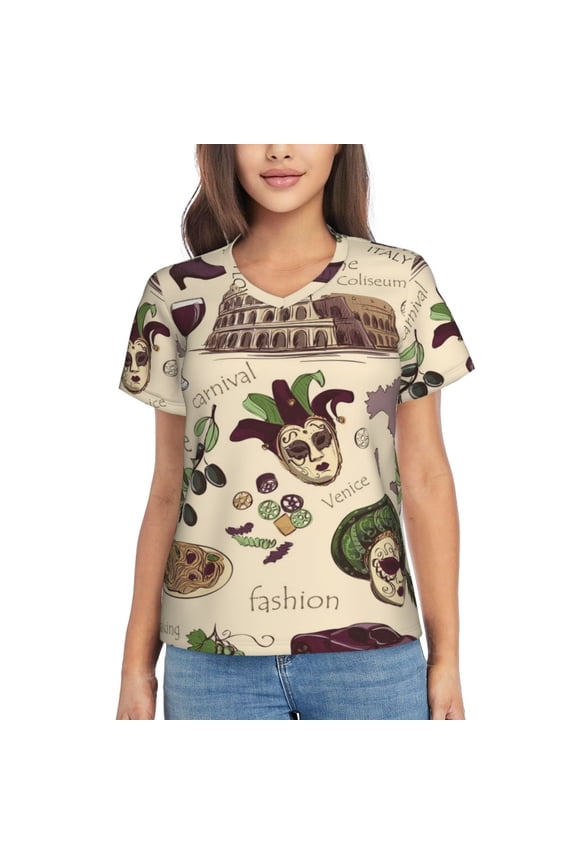 Womens Short Sleeve T Shirts Casual V Neck Tops Tee, Italy Italian Pattern Vintage