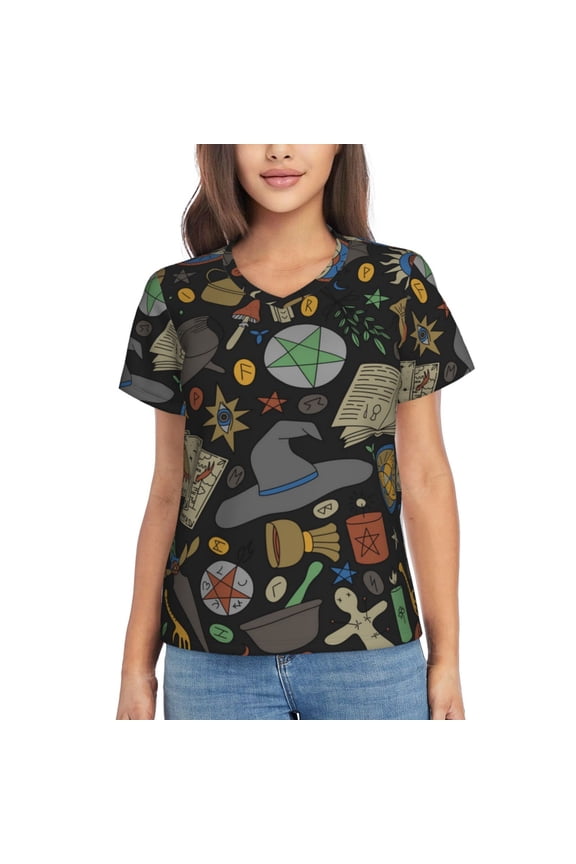 Womens Short Sleeve T Shirts Casual V Neck Tops Tee, Magic Skull Pentagram Witches Tarot